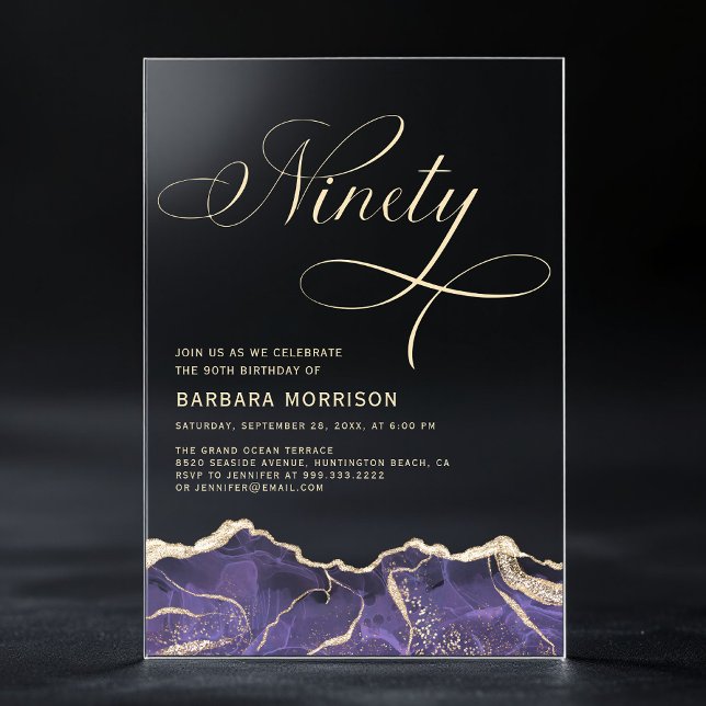 Purple Gold Agate 90th Ninety Birthday Party Acrylic Invitations (Creator Uploaded)