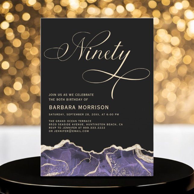 Purple Gold Agate 90th Ninety Birthday Party Invitation (Creator Uploaded)