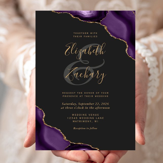 Purple Gold Agate Corners Dark Wedding Invitation (Creator Uploaded)