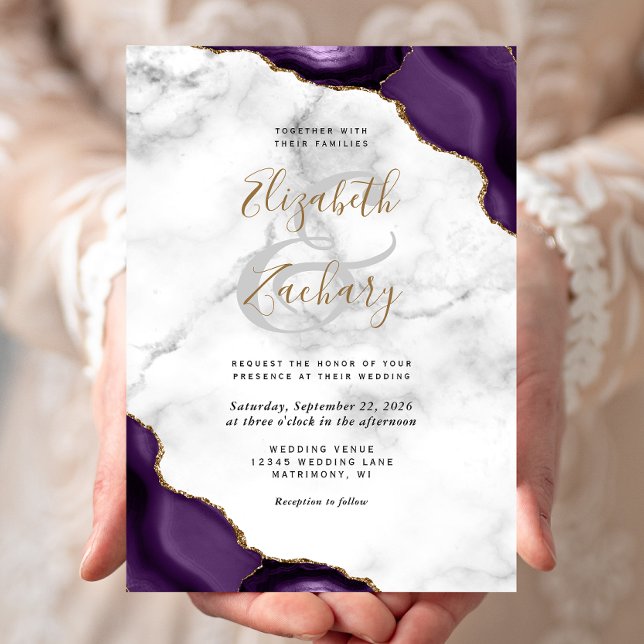 Purple Gold Agate Corners Marble Wedding Invitation (Creator Uploaded)