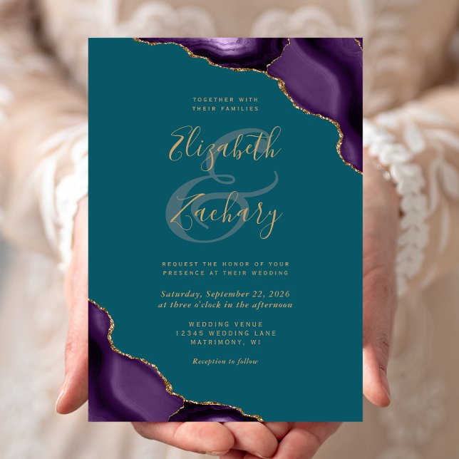 Purple Gold Agate Corners Teal Wedding Invitation (Creator Uploaded)