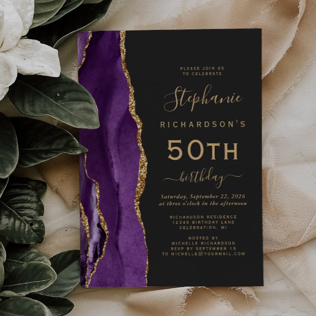 Purple Gold Agate Dark 50th Birthday Party Invitation (Creator Uploaded)