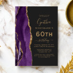 Purple Gold Agate Dark 60th Birthday Party Invitation<br><div class="desc">The left-hand edge of this elegant modern birthday party invitation features a purple watercolor agate border trimmed with gold faux glitter. The customisable text combines gold-coloured handwriting,  copperplate and italic fonts on a slate black background. The reverse side features a matching purple and gold agate design.</div>