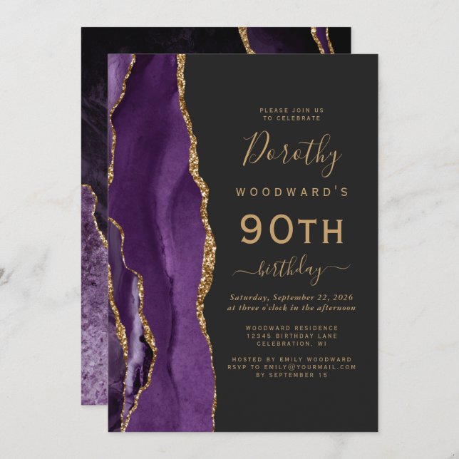 Purple Gold Agate Dark 90th Birthday Party Invitation (Front/Back)