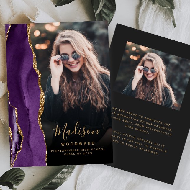 Purple Gold Agate Dark Photo Grad Announcement (Creator Uploaded)