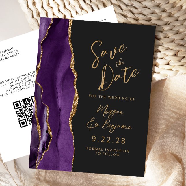 Purple Gold Agate Dark QR Code Save the Date Announcement Postcard (Creator Uploaded)
