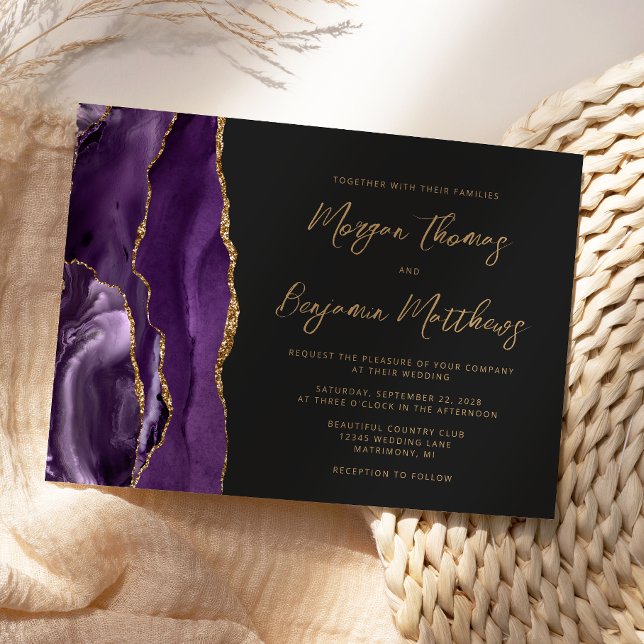Purple Gold Agate Dark Script Wedding Invitation (Creator Uploaded)