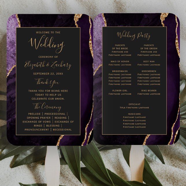 Purple Gold Agate Dark Wedding Program Hand Fan (Creator Uploaded)