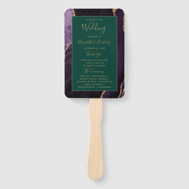Purple Gold Agate Emerald Green Wedding Program Hand Fan (Front)