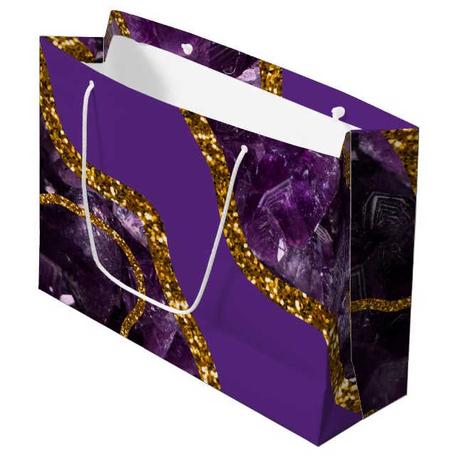 Purple & Gold Agate Geode Glitter Large Gift Bag (Front Angled)