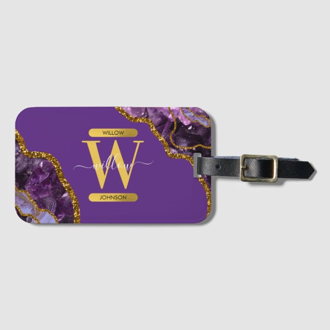 Purple & Gold Agate Geode Glitter Monogram Luggage Tag (Front Horizontal)