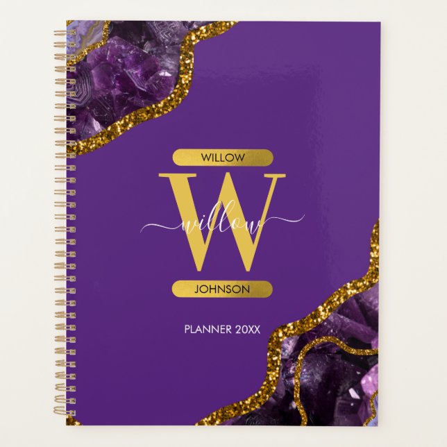 Purple & Gold Agate Geode Glitter Monogram Planner (Front)