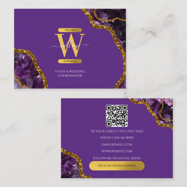 Purple Gold Agate Geode Glitter Monogram QR Code Business Card (Front/Back)