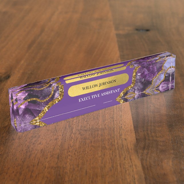 Purple & Gold Agate Geode Glitter Office  Nameplate (Side)