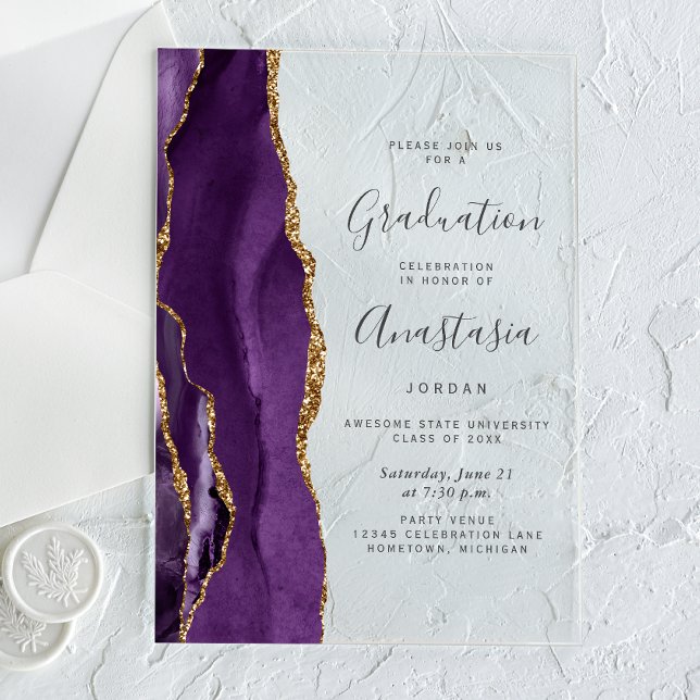Purple Gold Agate Gray Text Graduation Acrylic Invitations (Creator Uploaded)