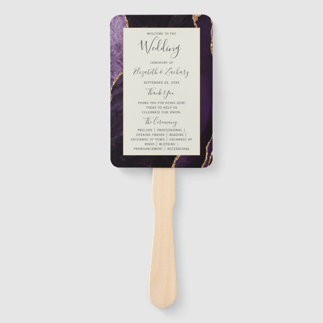 Purple Gold Agate Ivory Wedding Program Hand Fan (Front)