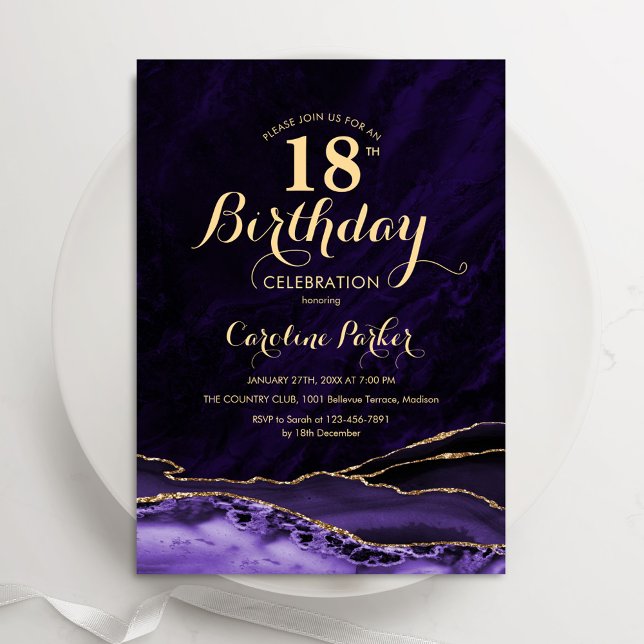 Purple Gold Agate Marble 18th Birthday Invitation (Creator Uploaded)