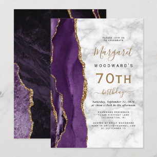Purple Gold Agate Marble 70th Birthday Party Invitation