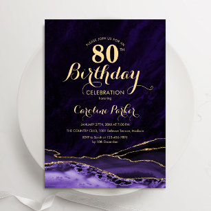 Purple Gold Agate Marble 80th Birthday Invitation