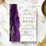 Purple Gold Agate Marble 80th Birthday Party Invitation<br><div class="desc">The left-hand edge of this elegant modern birthday party invitation features a purple watercolor agate border trimmed with gold faux glitter. The customisable text combines black and gold-coloured handwriting, copperplate and italic fonts on a grey and white marble texture background. The reverse side features a matching purple and gold agate...</div>