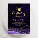 Purple Gold Agate Marble 90th Birthday Invitation<br><div class="desc">Purple and gold agate 90th birthday party invitation. Elegant modern design featuring watercolor agate marble geode background,  faux glitter gold and typography script font. Trendy invite card perfect for a stylish women's bday celebration. Printed Zazzle invitations or instant download digital printable template.</div>