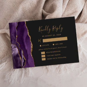 Purple Gold Agate Meal Options Dark Wedding RSVP Card