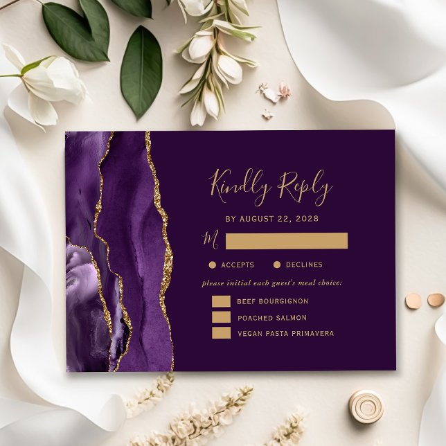 Purple Gold Agate Meal Options Plum Wedding RSVP Card (Creator Uploaded)