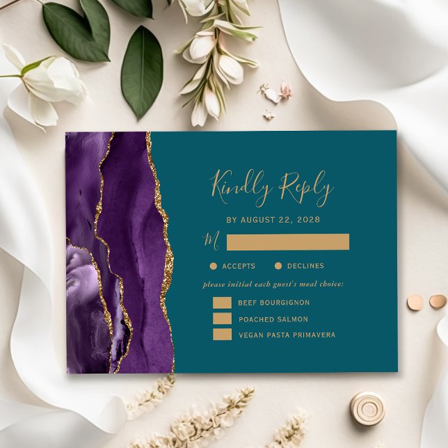 Purple Gold Agate Meal Options Teal Wedding RSVP (Creator Uploaded)