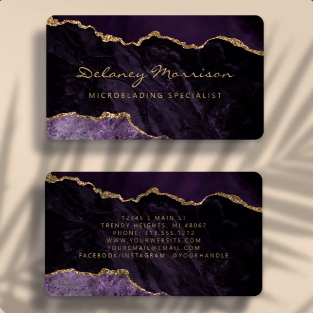 Purple Gold Agate Microblading Rounded Business Card (Creator Uploaded)