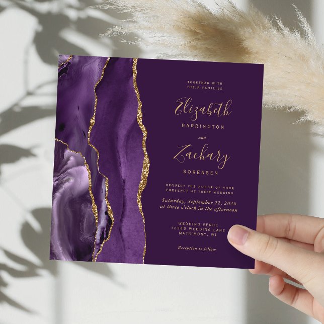 Purple Gold Agate Modern Plum Square Wedding Invitation (Creator Uploaded)