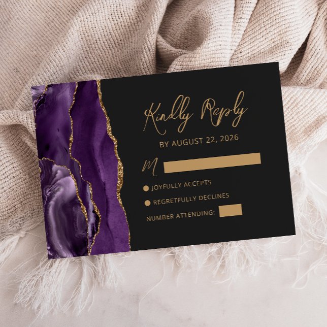 Purple Gold Agate Modern Script Wedding RSVP Card (Creator Uploaded)
