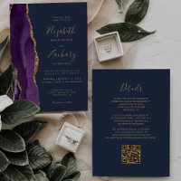 Purple Gold Agate Navy Blue QR Code Wedding