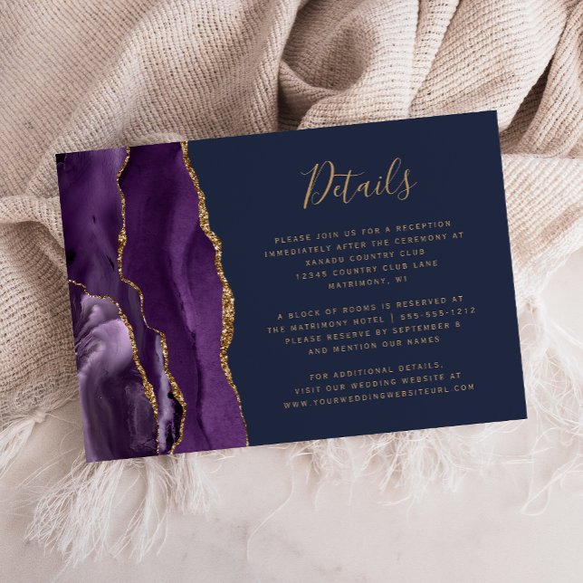 Purple Gold Agate Navy Blue Wedding Details Enclosure Card (Creator Uploaded)