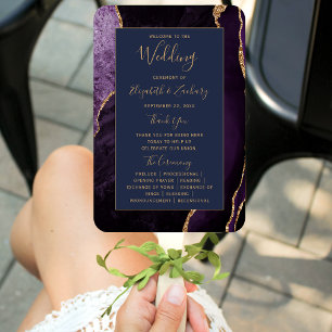 Purple Gold Agate Navy Blue Wedding Program Hand Fan