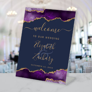 Purple Gold Agate Navy Blue Wedding Welcome Pedestal Sign