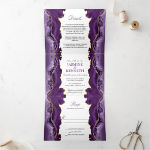 Purple & Gold Agate on White Wedding Tri-Fold Invitation