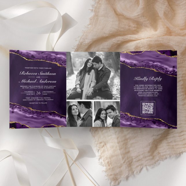 Purple Gold Agate Photo Collage QR Code Wedding Tri-Fold Invitation (Creator Uploaded)