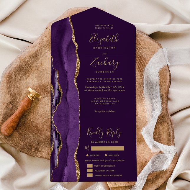 Purple Gold Agate Plum Meal Options Wedding All In One Invitation (Creator Uploaded)