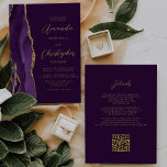 Purple Gold Agate Plum QR Code Wedding Invitation<br><div class="desc">The left-hand edge of this elegant modern wedding invitation features a purple watercolor agate border trimmed with faux gold glitter. The customisable text combines gold-coloured script and sans serif fonts on a plum background. The reverse side provides space for wedding details on a solid plum background, along with a QR...</div>