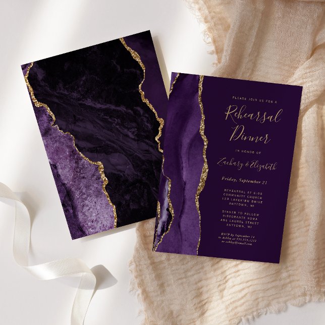 Purple Gold Agate Plum Wedding Rehearsal Dinner Invitation (Creator Uploaded)