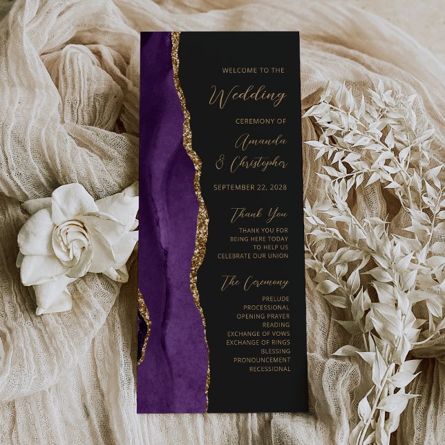 Purple Gold Agate Script Dark Wedding Program (Creator Uploaded)