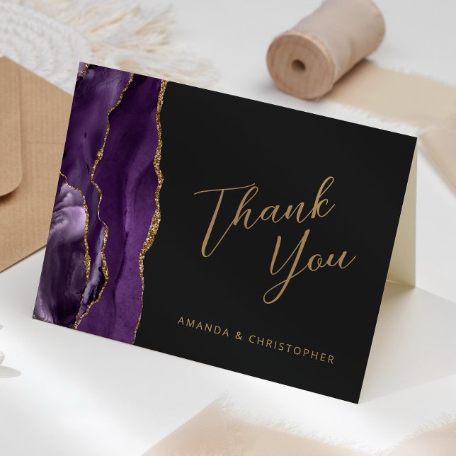 Purple Gold Agate Script Dark Wedding Thank You Card (Creator Uploaded)