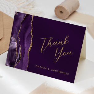 Purple Gold Agate Script Plum Wedding Thank You Card