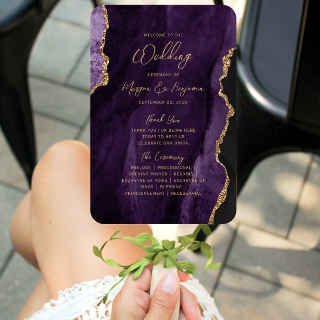 Purple Gold Agate Script Wedding Program Hand Fan (Creator Uploaded)