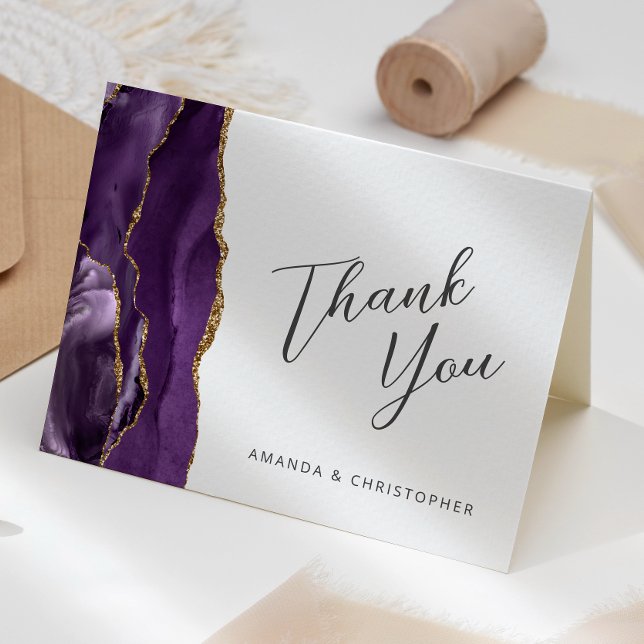 Purple Gold Agate Script Wedding Thank You Card (Creator Uploaded)
