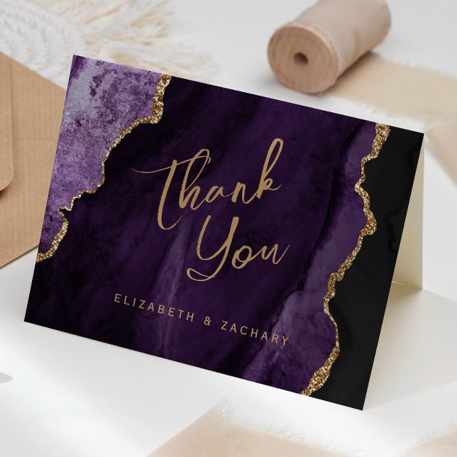 Purple Gold Agate Script Wedding Thank You Card (Creator Uploaded)
