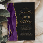 Purple Gold Agate Slate Script 30th Birthday Invitation<br><div class="desc">The left-hand edge of this elegant modern 30th birthday party invitation features a purple watercolor agate border trimmed with gold faux glitter. The customisable text combines gold-coloured script and sans serif fonts on a slate black background. The reverse side features a matching purple and gold agate design.</div>