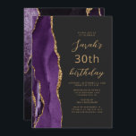 Purple Gold Agate Slate Script 30th Birthday Invitation<br><div class="desc">The left-hand edge of this elegant modern birthday party invitation features a purple watercolor agate border trimmed with gold faux glitter. The customisable text combines gold-coloured script and sans serif fonts on a slate black background. The reverse side features a matching purple and gold agate design.</div>