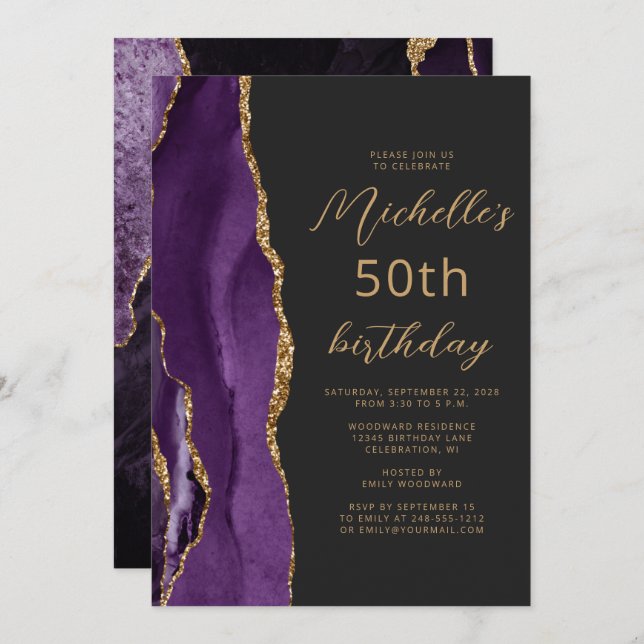 Purple Gold Agate Slate Script 50th Birthday Invitation (Front/Back)