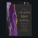 Purple Gold Agate Slate Script 50th Birthday Invitation<br><div class="desc">The left-hand edge of this elegant modern birthday party invitation features a purple watercolor agate border trimmed with gold faux glitter. The customisable text combines gold-coloured script and sans serif fonts on a slate black background. The reverse side features a matching purple and gold agate design.</div>